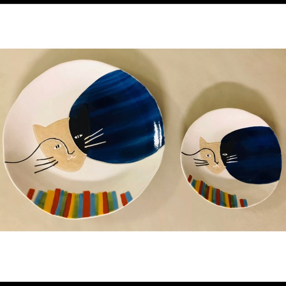 Hand Made Plates Cats Picture - Set of 2 New ceramic plates Made in Thailand